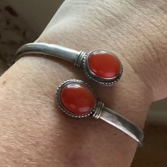 STERLING SILVER 925 RED CARNELIAN BANGLE WOMAN BRACELET - Picture 6 of 11